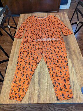 Orange Halloween Long Sleeves Black Cat, Broom, Cauldron Pajamas Size 3x